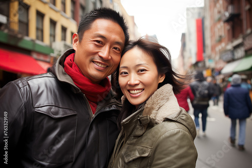 Beautiful Couple Chinese Asian Man Woman talking head shoulders shot bokeh out of focus background on a cosmopolitan western street vox pop website review or questionnaire candid photo photo