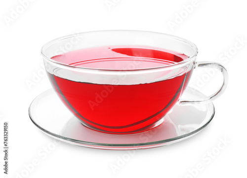 Cup of delicious cranberry tea isolated on white