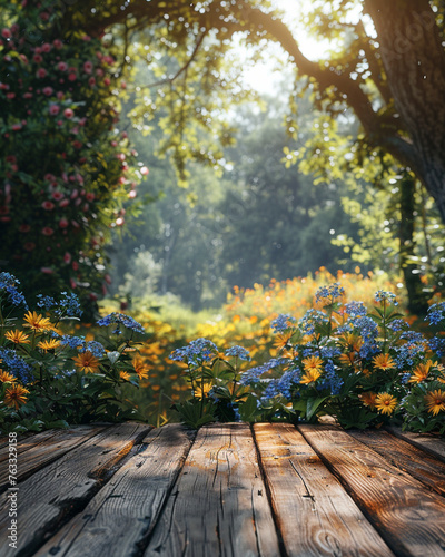 A wood table on spring wheter behind