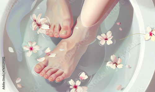 Feet with clear nail varnish in water with floating cherry blossoms. Concept art of spa therapy and self-care . Design for wellness poster  spa r  beauty therapy flyer.