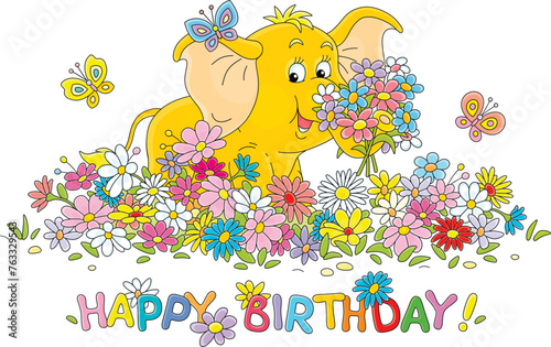 Happy birthday card with merry butterflies and a cute baby elephant holding a bouquet of colorful summer flowers, vector cartoon illustration on a white background