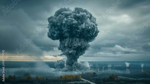 Visual Representation of a Nuclear Explosion at a Power Plant: Mushroom Cloud and Smoke Signifying Catastrophe and Danger. Concept Nuclear Disaster, Power Plant Explosion, Catastrophic Event