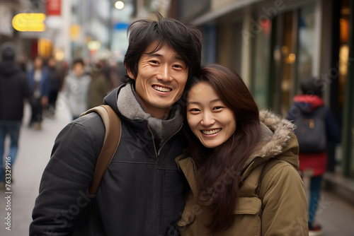 Beautiful Couple Asian Korean Man Woman talking head shoulders shot bokeh out of focus background on a cosmopolitan western street vox pop website review or questionnaire candid photo