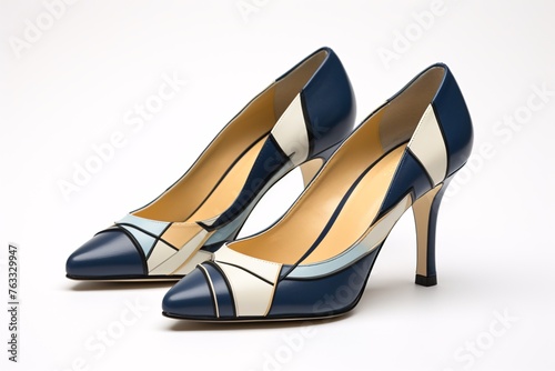 a pair of blue and white high heeled shoes