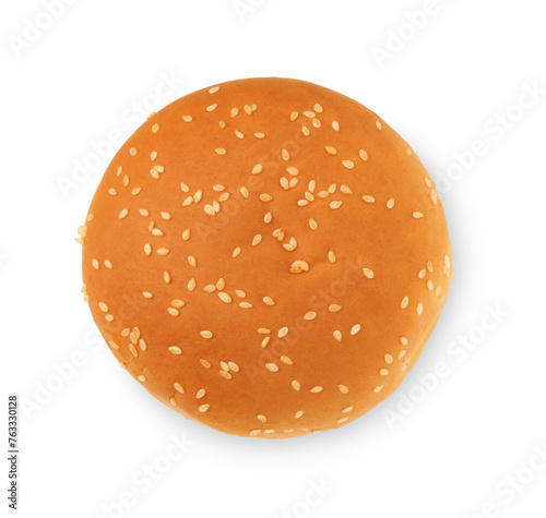 One fresh hamburger bun isolated on white, top view