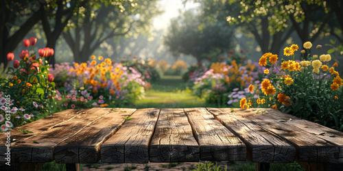 A wood table on spring wheter behind