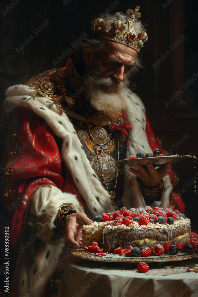 Painting depicting man in crown holding cake with raspberry