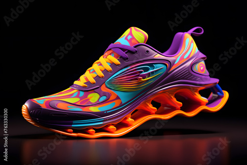 Creative bright sneakers in neon colors isolated on black background. Sport footwear
