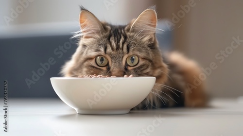 Wet cat food in a bowl on the table and the cat sticks its muzzle out from under the table. Generated by artificial intelligence.