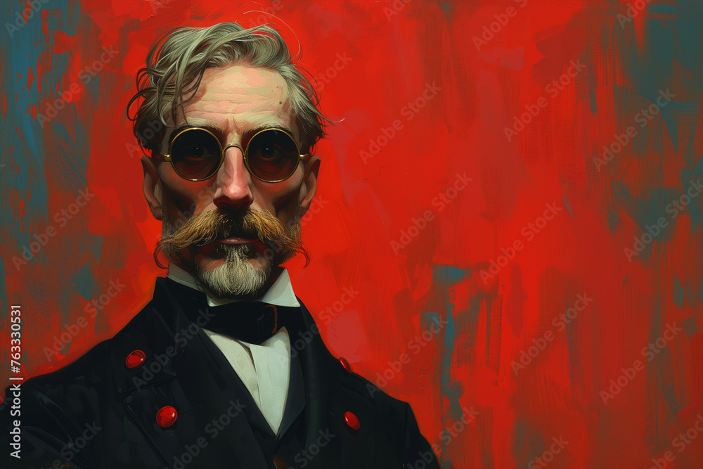Fototapeta premium Painting depicting man wearing glasses and sporting mustache