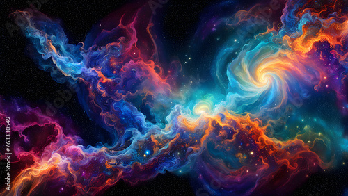 Abstract background of interstellar universe, colorful rays and planets