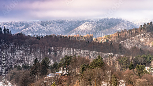 Winter views of the Poprad Landscape Park on the Poprad River in the Beskid Sadecki mountains. photo