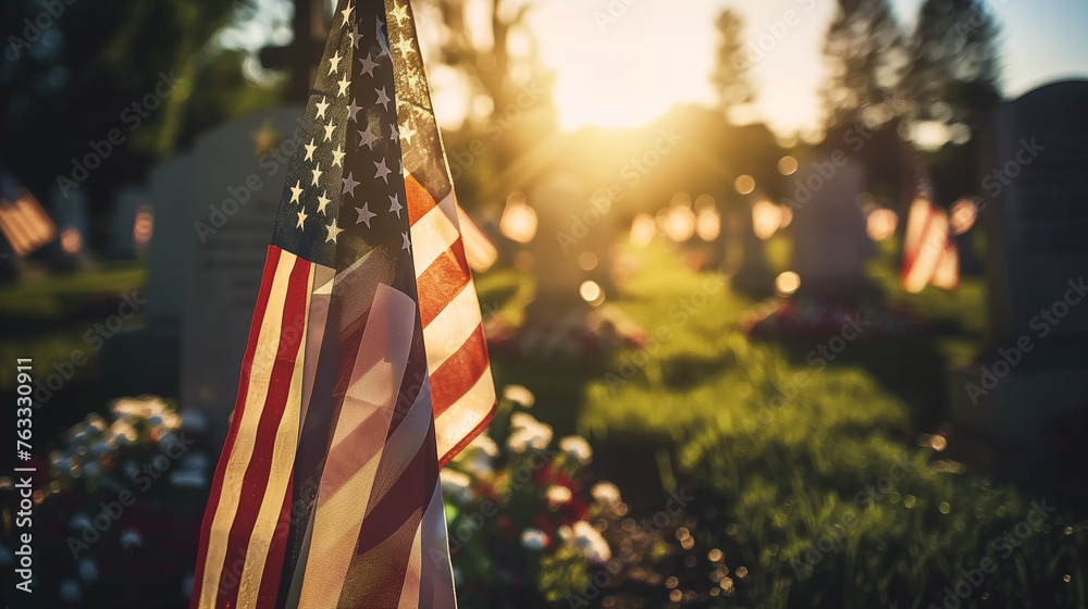 American flags placed at military graves, solemn and respectful, Memorial Day tribute to fallen soldiers, serene cemetery landscape - obrazy, fototapety, plakaty 