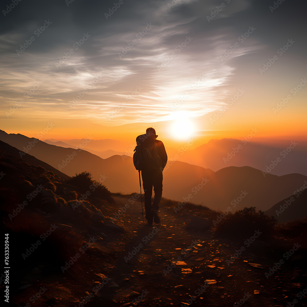 A silhouette of a person hiking against a sunset. 