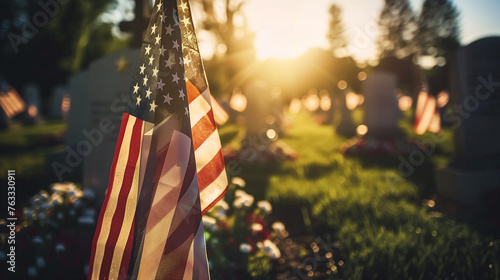American flags placed at military graves, solemn and respectful, Memorial Day tribute to fallen soldiers, serene cemetery landscape