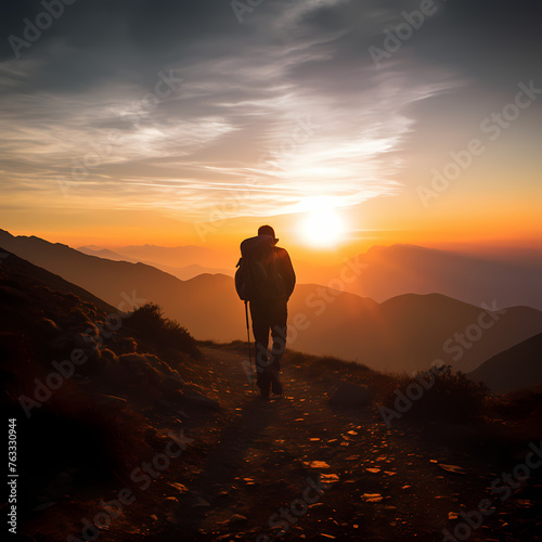 A silhouette of a person hiking against a sunset.  © Cao