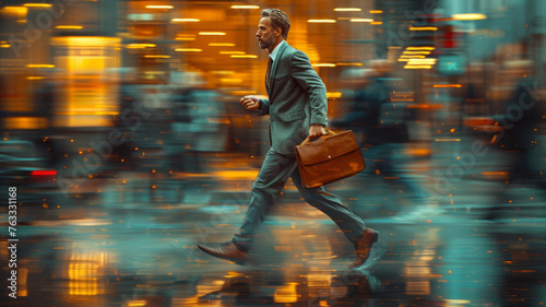 Energetic businessman in motion, rushing with briefcase to meeting. Depicts competition and determination.generative ai