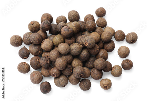Dry allspice berries (Jamaica pepper) isolated on white, top view