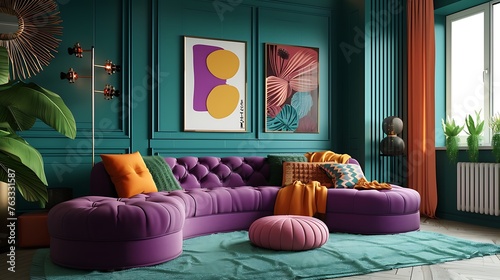an AI to create a visually captivating representation of a modern living room with a chic purple curved tufted sofa 