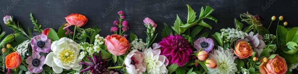 Beautiful bouquet of spring flowers on a blackboard background, top view. Greeting card with space for text. Beautiful bouquet of spring flowers on a blackboard background, top view. Greeting card with space for text.