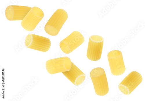 Canvas-taulu Raw rigatoni pasta falling on white background
