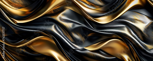 A luxury expensive abstract background featuring black and gold colors with wavy lines creating an abstract and modern design. Banner. Copy space