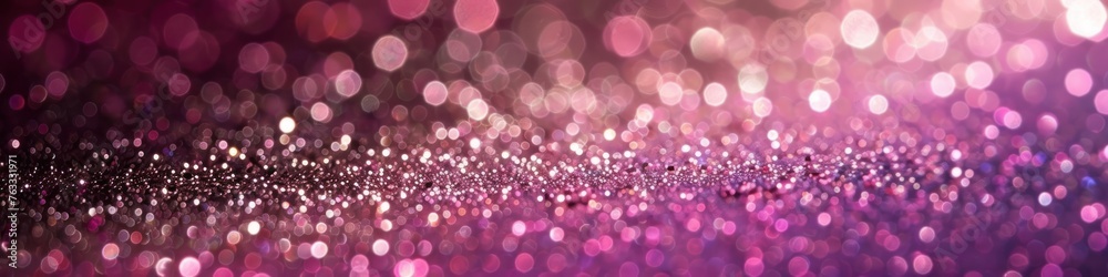 Abstract background with bokeh defocused lights. Panoramic banner. Vibrant purple and pink bokeh lights.