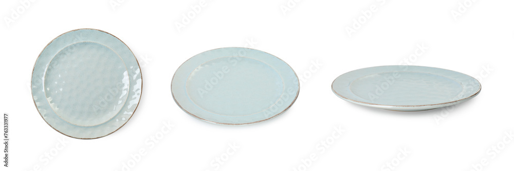 Empty ceramic plate isolated on white, set with different views Empty ceramic plate isolated on white, set with different views