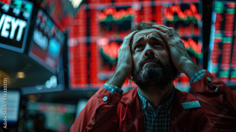 Wall Street investors, hands on head, gaze upward at red charts on crowded trading floor, conveying despair.generative ai