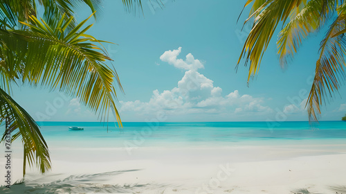 A pristine beach with powdery white sand and turquoise waters, framed by palm trees and a cloudless sky