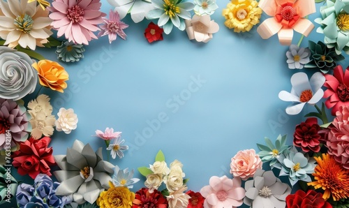 Colorful origami flowers on blue background with space for text. Mother s Day  Woman s Day  Easter  Valentine s Day  Wedding  and Birthday celebration concept. Flat lay  top view  copy space.