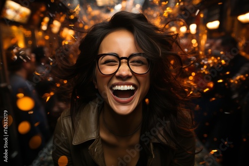 Asian girl rejoices at winning casino roulette, around her are casino visitors photo