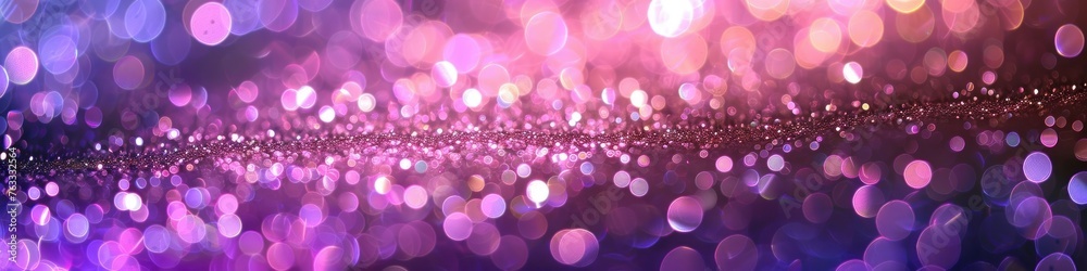 Abstract background with bokeh defocused lights. Panoramic banner. Vibrant purple and pink bokeh lights.