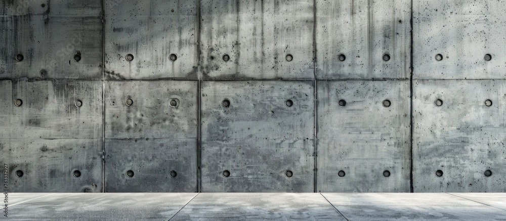 A rectangular concrete building with a pattern of holes in the walls and a concrete floor. The design combines wood, metal, and composite materials for fixtures, creating symmetry and parallel lines A rectangular concrete building with a pattern of holes in the walls and a concrete floor. The design combines wood, metal, and composite materials for fixtures, creating symmetry and parallel lines