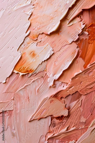 An abstract oil painting of pink colors, meaningless brushstrokes on canvas, expensive painting on the gallery. photo