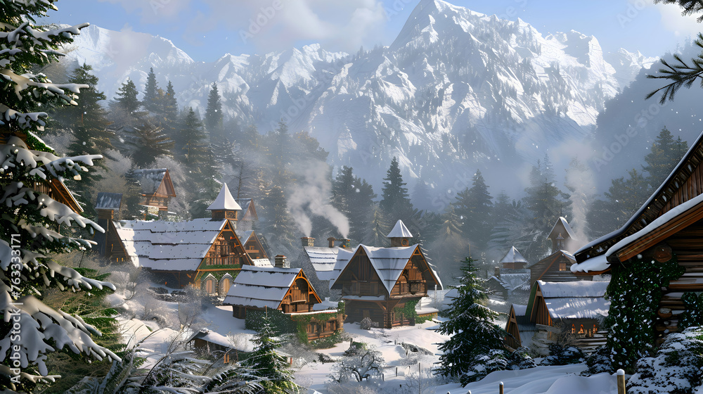 A quaint village nestled in a snowy valley, with smoke rising from chimneys and a fresh blanket of snow covering the rooftops