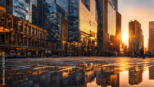 The bustling CBD business district and urban skyline at sunrise and sunset