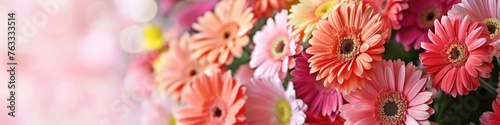 Beautiful gerbera flowers as background, closeup. Banner design