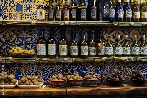 A ceramic-tiled stand displaying Mediterranean olives, oils, and vinegars.