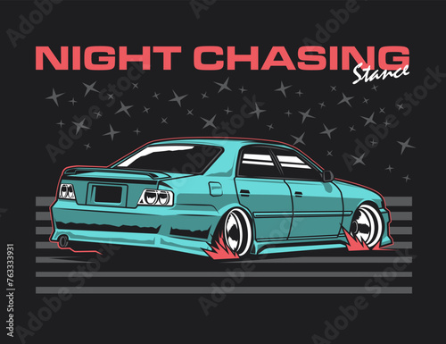 drift 90s car illustration image with stars background and text vector design vector