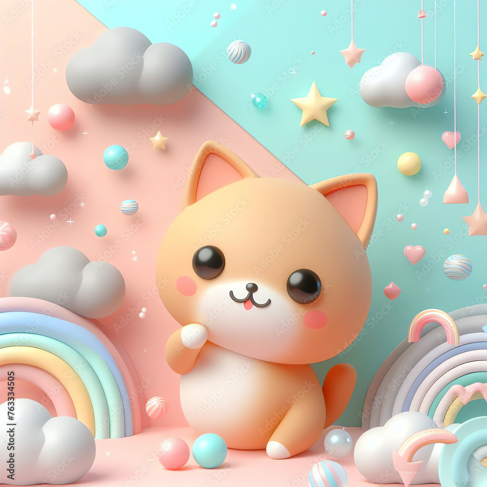 Fototapeta premium adorable and cute 3D animation kitten wallpaper design illustration and background for kids
