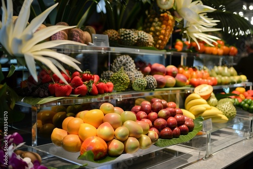 A glass-topped podium with a display of exotic fruits from around the world.