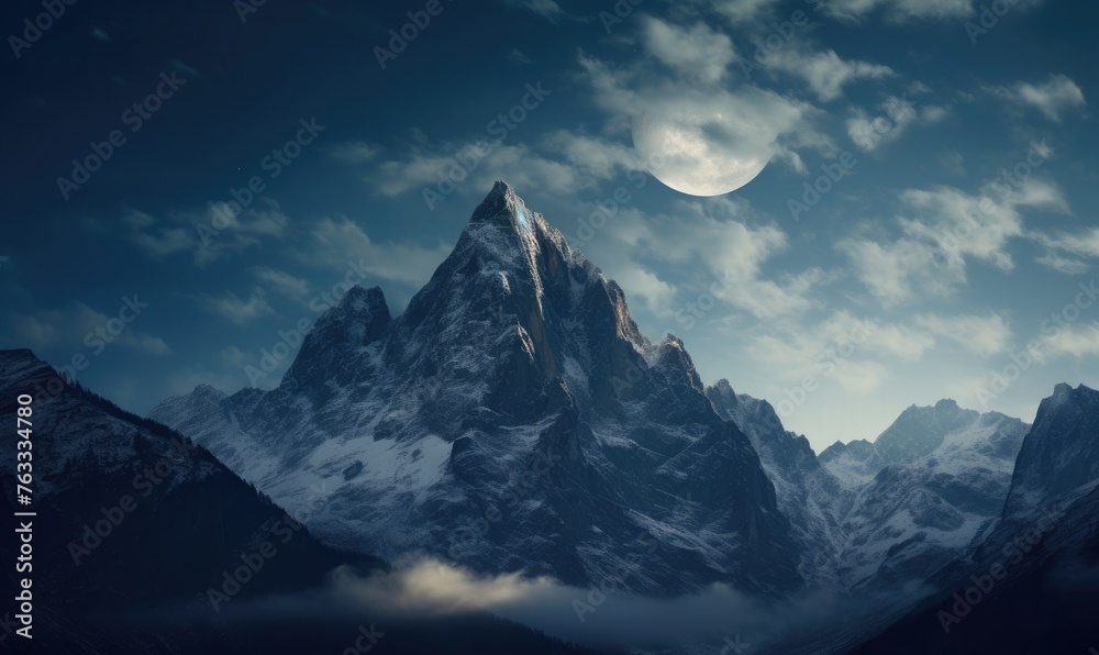 Moonlight casting glow on the snowy mountains
