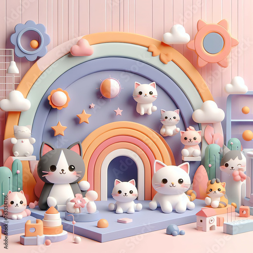 adorable and cute 3D animation kitten wallpaper design illustration and background for kids