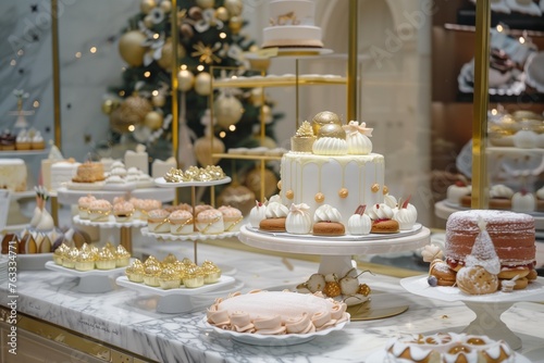 A marble pedestal highlighting intricately decorated cakes and pastries. © Abdul