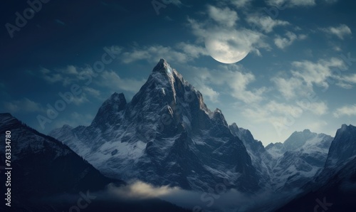 Moonlight casting glow on the snowy mountains 