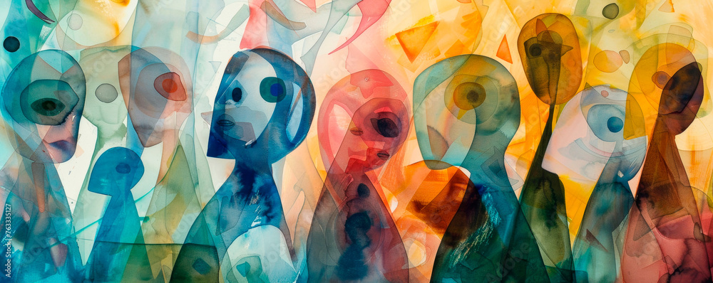 Fototapeta premium Painting depicting group of individuals standing face to face in social gathering, assembly. The figures positioned in a symmetrical manner, engaging in interactions, conversations. Banner. Copy space
