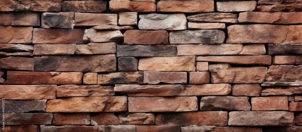 A closeup of a brown brick wall showcasing a variety of rectangular stones and composite materials. The intricate brickwork creates a beautiful pattern on the building material
