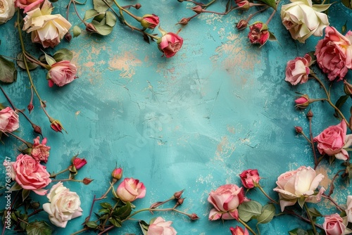 Pink roses on turquoise textured background. Grunge banner. Top view with copy space #763335147