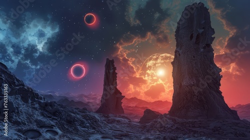 Alien landscape with a fiery sun, rocky terrain, and distant planets, perfect for science fiction and space exploration themes.